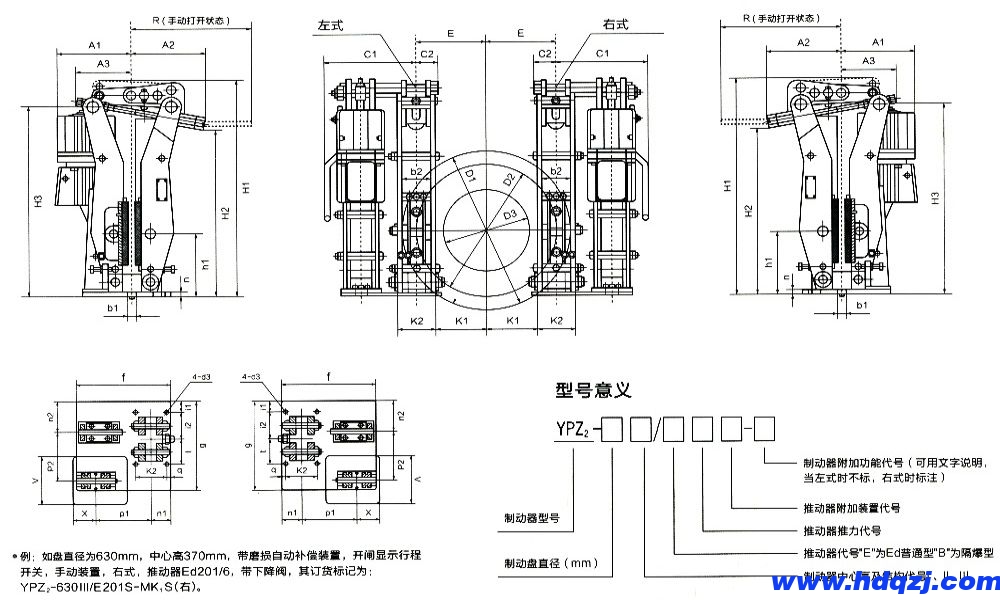 YPZ2ⅠⅡⅢ液壓臂盤式制動器外形尺寸/型號意義圖