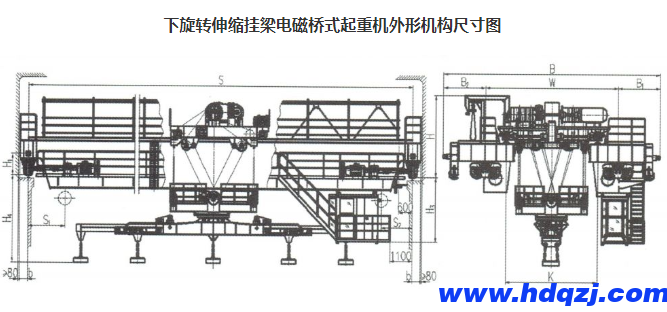 下旋轉(zhuǎn)伸縮掛梁電磁橋式起重機